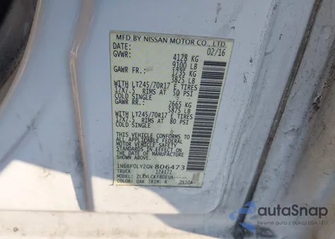 2016 Nissan Nv Cargo Nv2500 Hd S V6 z USA, uszkodzony, nr VIN 1N6BF0LY2GN806473